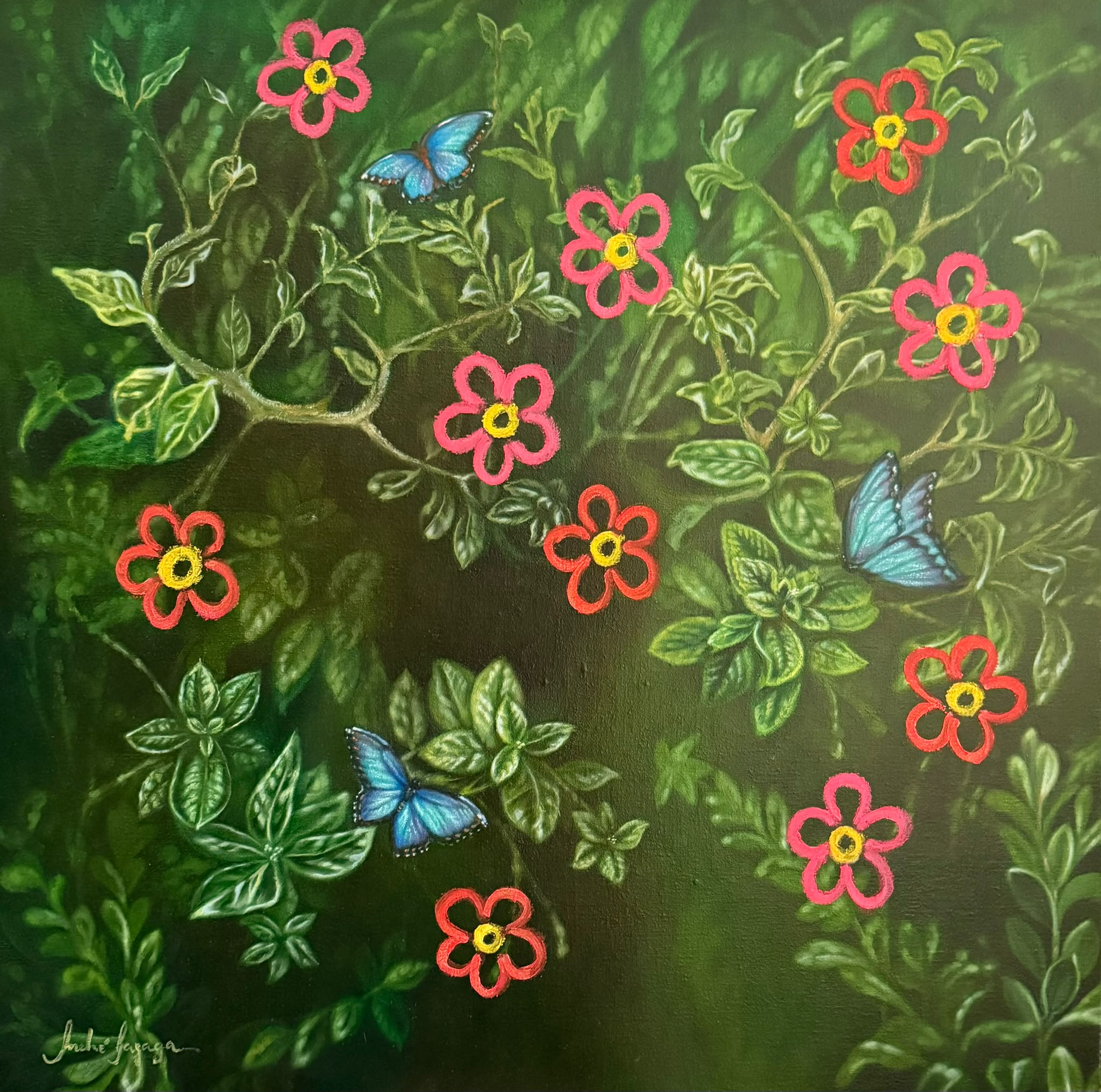 Edén: folhagem pintada, flores desenhadas a pastel e borboletas pintadas