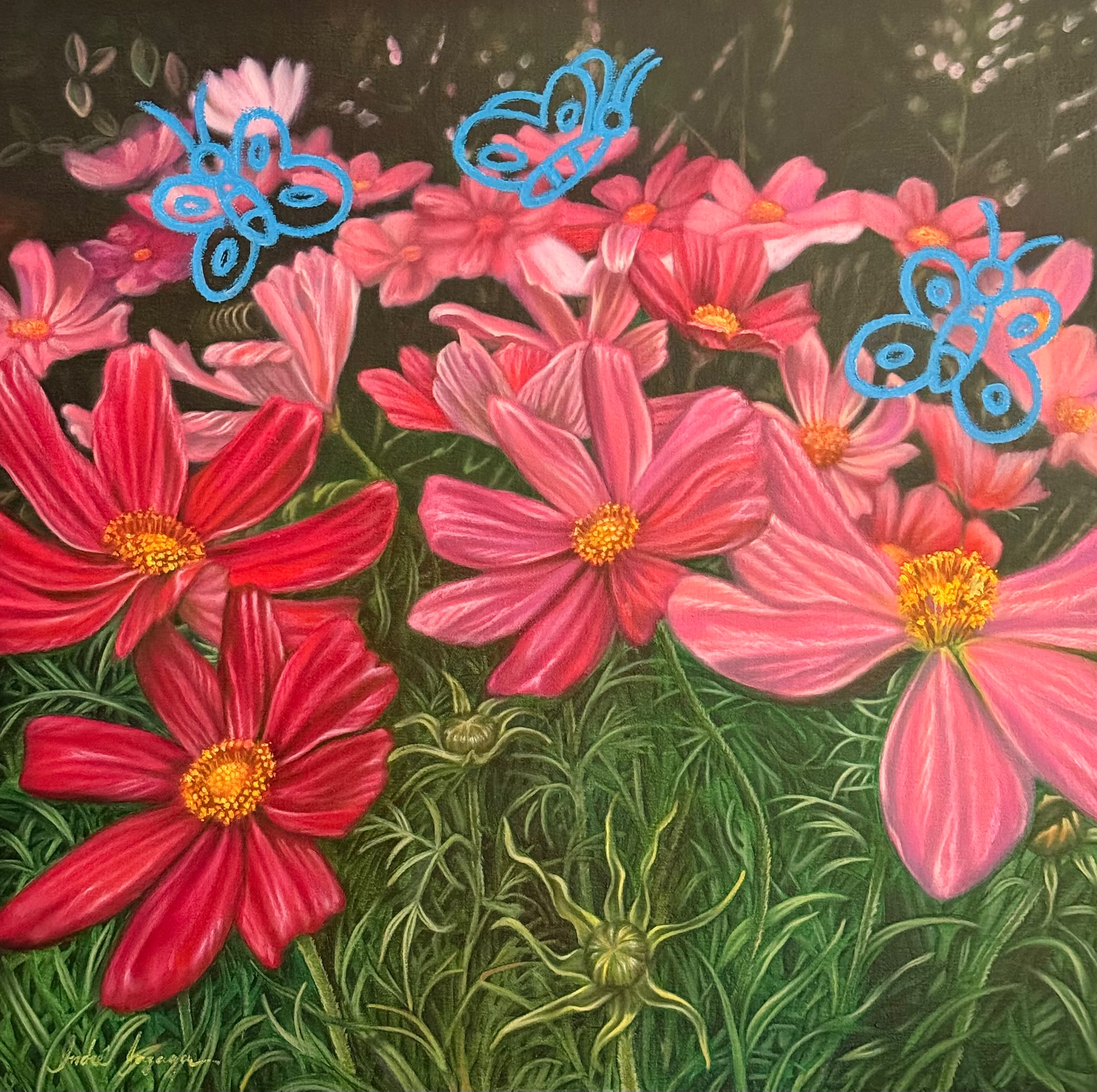 Edén II: flores cosmos pintadas e borboletas desenhadas a pastel azul